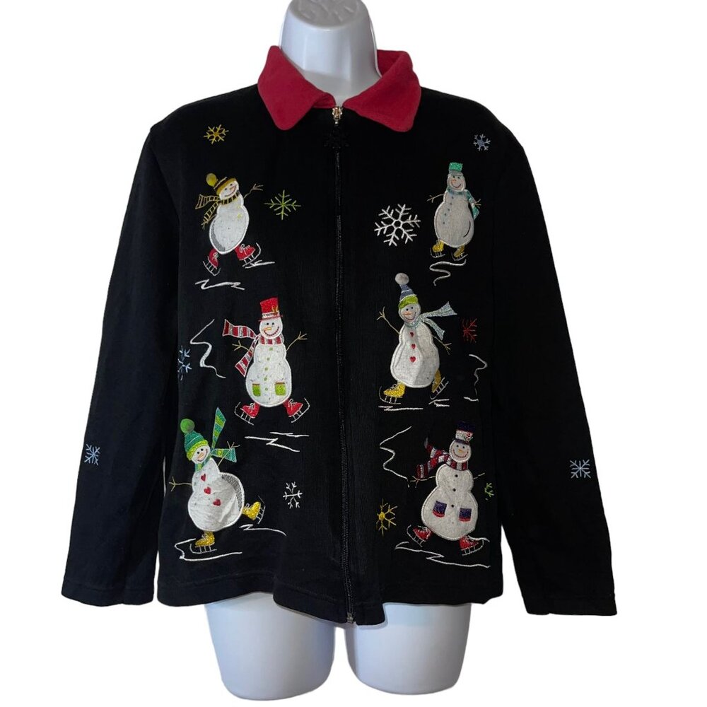 Vintage Onque Casuals Cardigan Sweater Womens M Holiday Christmas Snowman Ugly